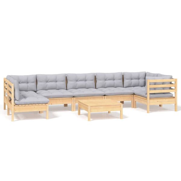 vidaXL 8 Piece Garden Lounge Set with Grey Cushions Pinewood