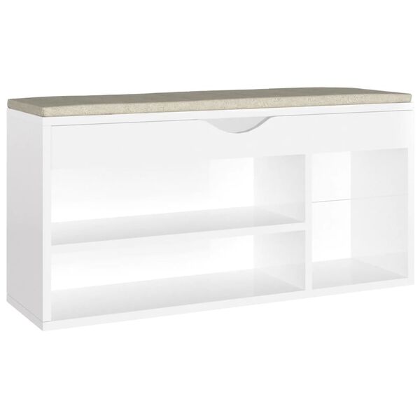vidaXL Shoe Bench with Cushion High Gloss White 104x30x49 cm Engineered Wood