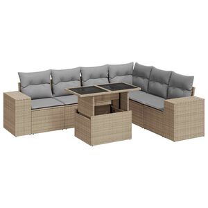 vidaXL 7 Piece Garden Sofa Set with Cushions Beige Poly Rattan
