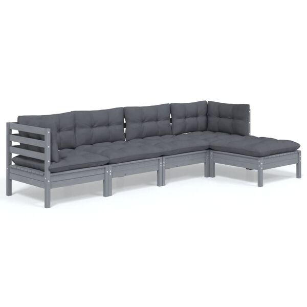 vidaXL 5 Piece Garden Lounge Set with Cushions Grey Pinewood