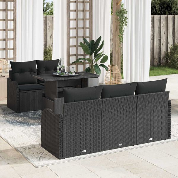 vidaXL Garden Sofa Set with Cushion 6 pcs Black Poly Rattan