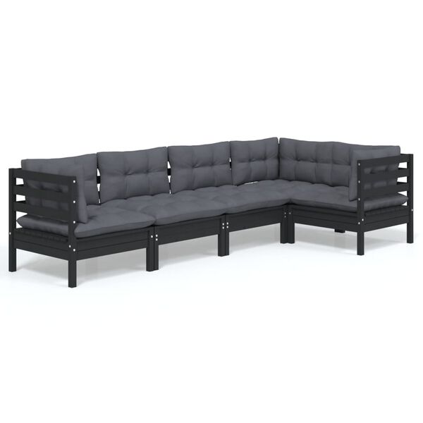 vidaXL 5 Piece Garden Lounge Set with Cushions Black Pinewood