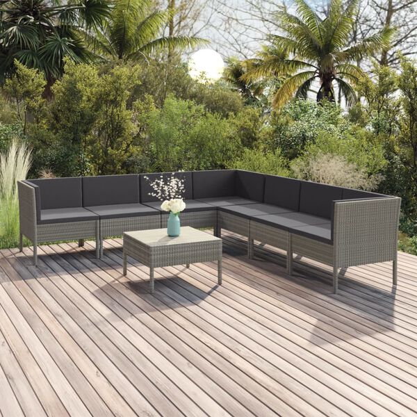vidaXL 8 Piece Garden Lounge Set with Cushions Poly Rattan Grey