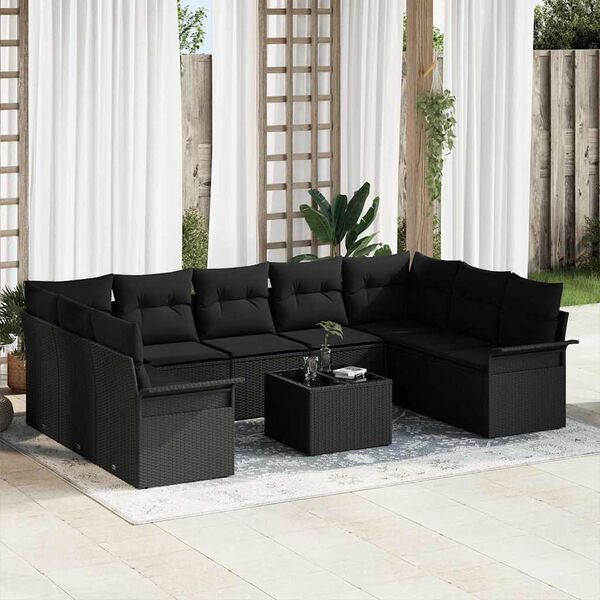 vidaXL Garden Sofa Set with Cushion 10 pcs Black Poly Rattan