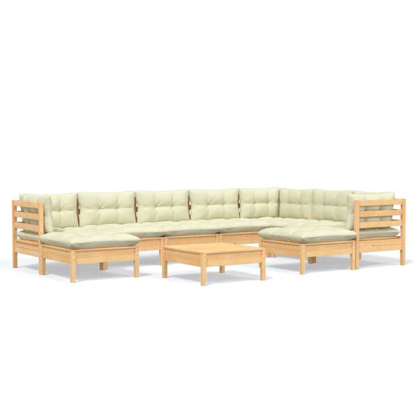 vidaXL 10 Piece Garden Lounge Set with Cream Cushions Solid Pinewood