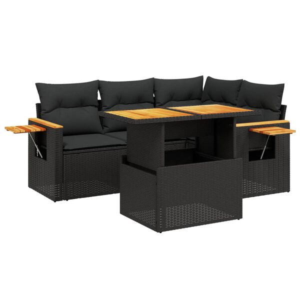 vidaXL 5 Piece Garden Sofa Set with Cushions Black Poly Rattan
