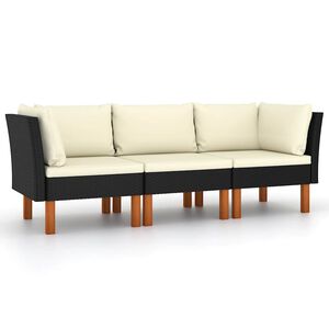 vidaXL 3-Seater Garden Sofa with Cushions Black Poly Rattan