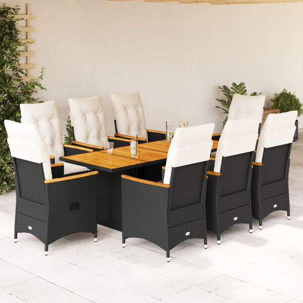 vidaXL 9 Piece Garden Dining Set with Cushions Black Poly Rattan