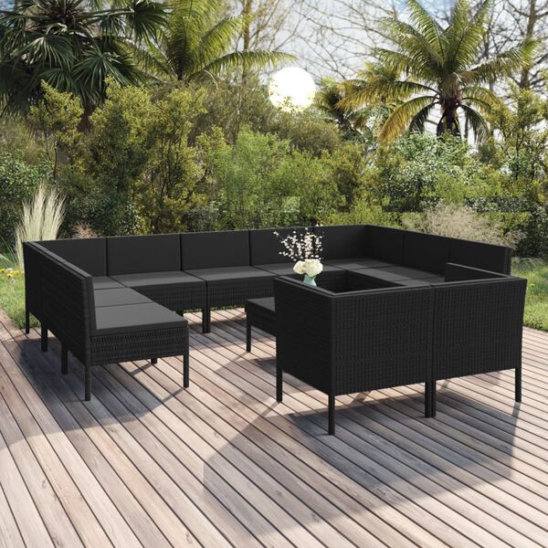 vidaXL 12 Piece Garden Lounge Set with Cushions Poly Rattan Black