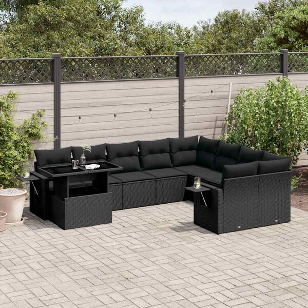 vidaXL 10 Piece Garden Sofa Set with Cushions Black Poly Rattan