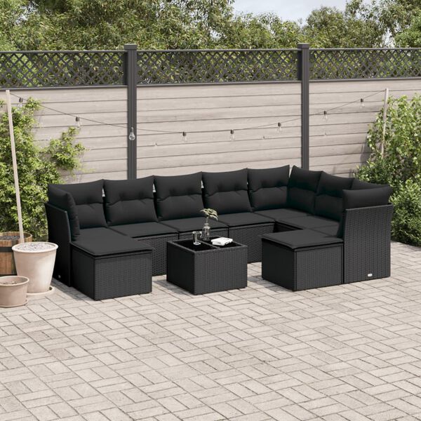 vidaXL 10 Piece Garden Sofa Set with Cushions Black Poly Rattan