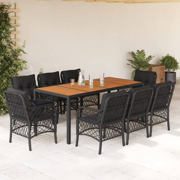 vidaXL 9 Piece Garden Dining Set with Cushions Black Poly Rattan
