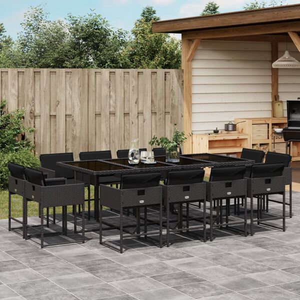 vidaXL 13 Piece Garden Dining Set with Cushions Black Poly Rattan
