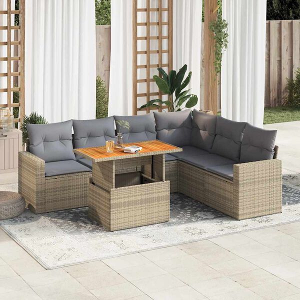 vidaXL 7 Piece Garden Sofa Set with Cushions Beige Poly Rattan