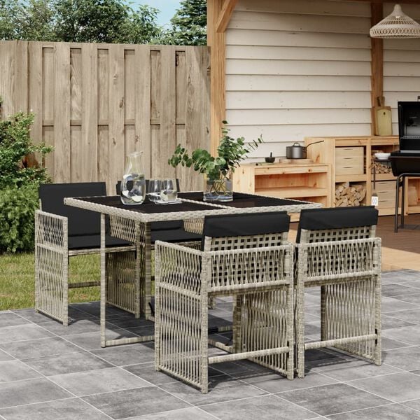 vidaXL 5 Piece Garden Dining Set with Cushions Light Grey Poly Rattan