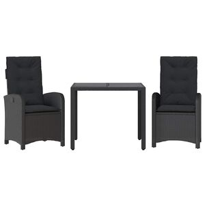 vidaXL 3 Piece Garden Dining Set with Cushions Black Poly Rattan