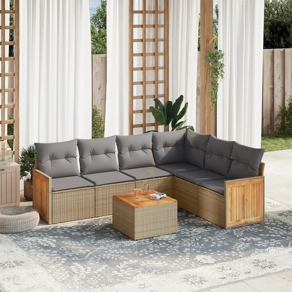vidaXL 7 Piece Garden Sofa Set with Cushions Beige Poly Rattan