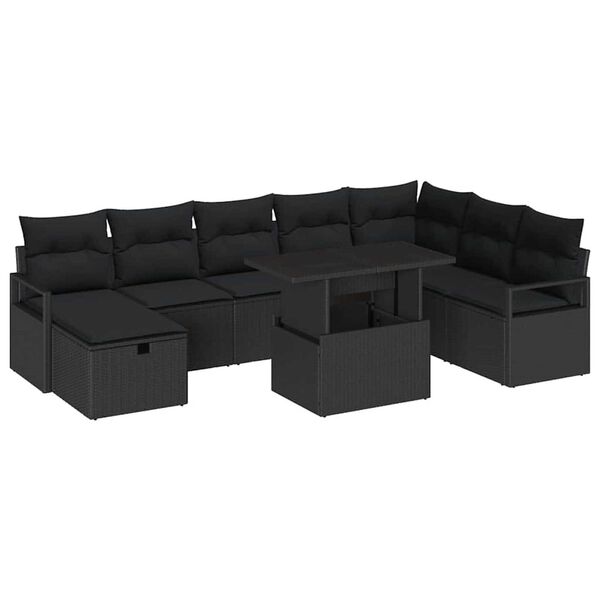 vidaXL Garden Sofa Set with Cushion 9 pcs Black Poly rattan