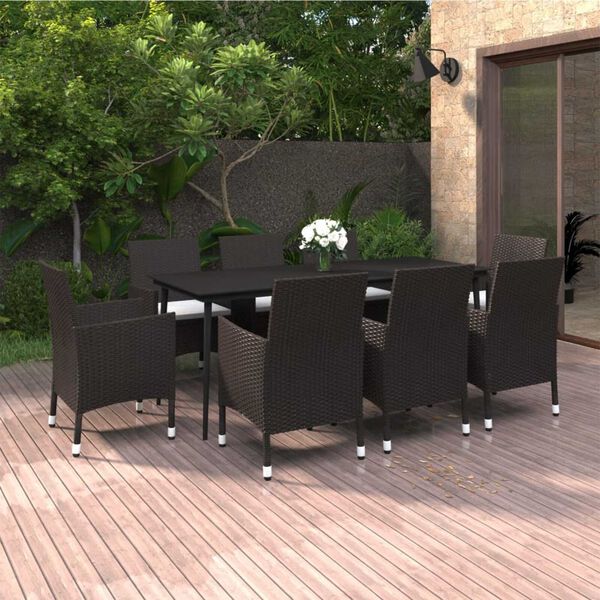 vidaXL 9 Piece Garden Dining Set with Cushions Poly Rattan and Glass