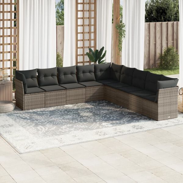 vidaXL 9 Piece Garden Sofa Set with Cushions Grey Poly Rattan