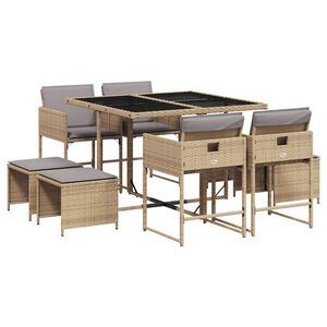 vidaXL 9 Piece Garden Dining Set with Cushions Mix Beige Poly Rattan