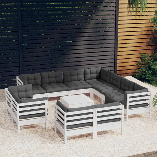 vidaXL 12 Piece Garden Lounge Set with Cushions White Solid Pinewood