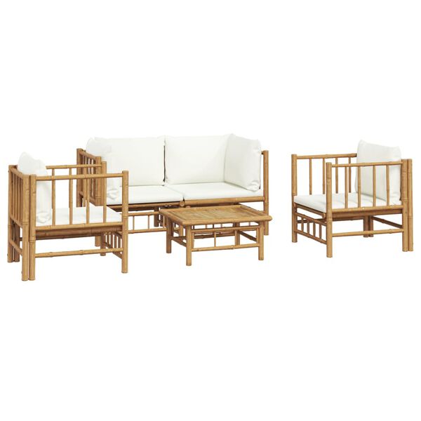 vidaXL 5 Piece Garden Lounge Set with Cream White Cushions Bamboo