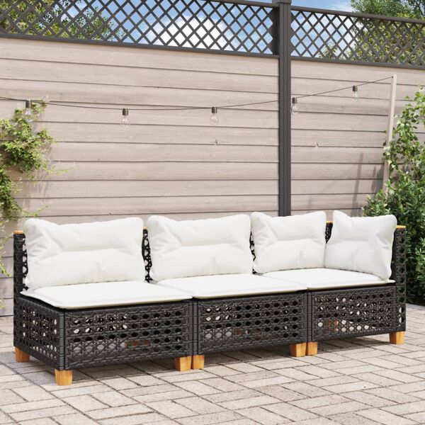 vidaXL Garden Sofa with Cushions 3-Seater Black Poly Rattan