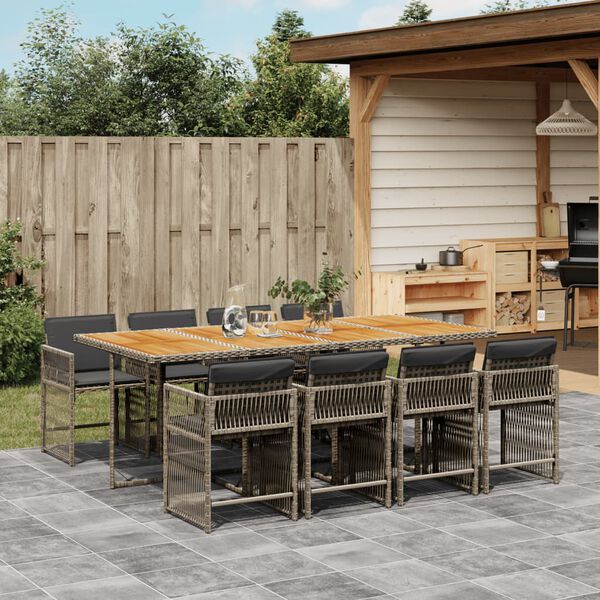 vidaXL 9 Piece Garden Dining Set with Cushions Grey Poly Rattan