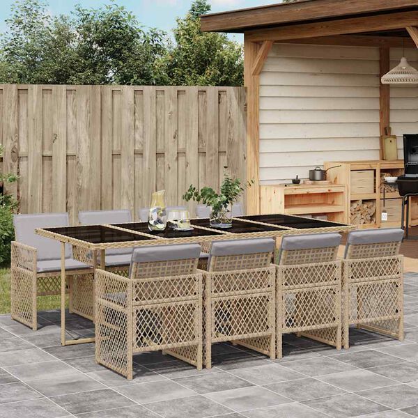 vidaXL 9 Piece Garden Dining Set with Cushions Beige Poly Rattan