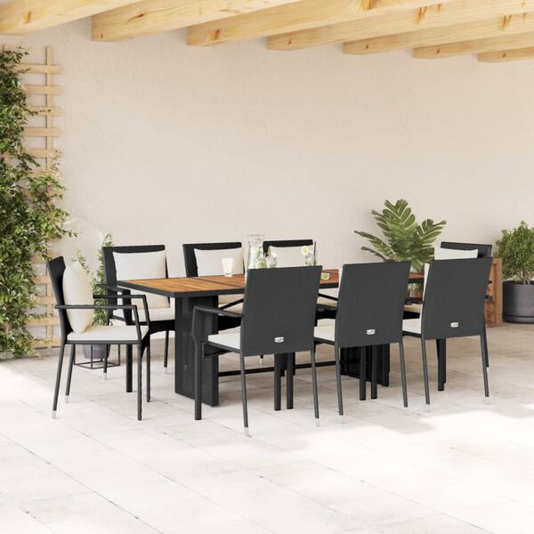 vidaXL 9 Piece Garden Dining Set with Cushions Black Poly Rattan