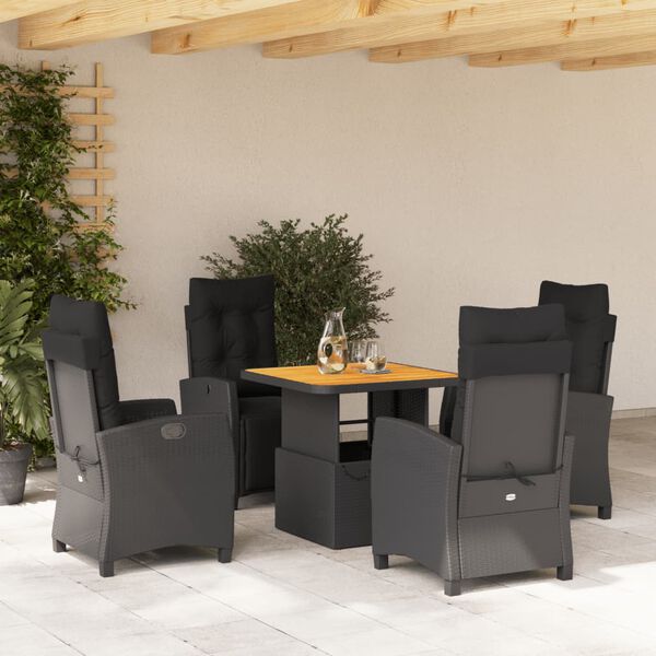 vidaXL 5 Piece Garden Dining Set with Cushions Black Poly Rattan