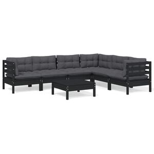 vidaXL 7 Piece Garden Lounge Set with Cushions Black Solid Pinewood