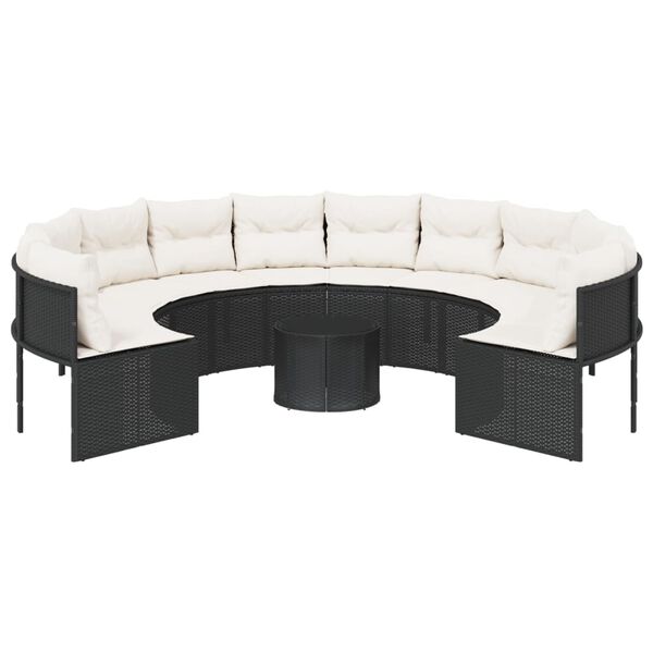vidaXL Garden Sofa with Table and Cushions Round Black Poly Rattan