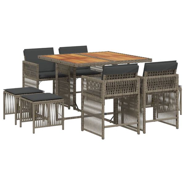 vidaXL 9 Piece Garden Dining Set with Cushions Grey Poly Rattan