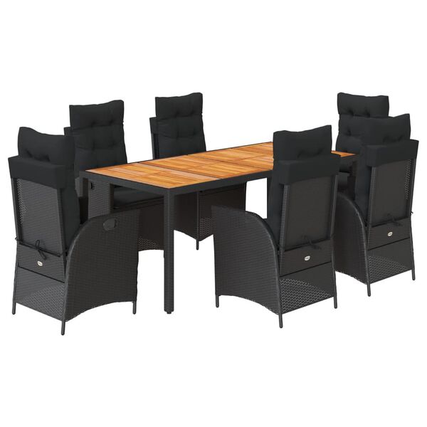 vidaXL 7 Piece Garden Dining Set with Cushions Black Poly Rattan