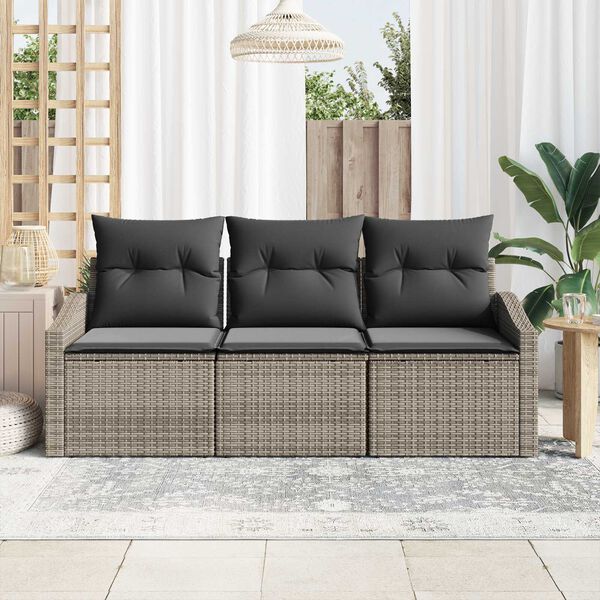 vidaXL Garden Sofa Set with Cushion 3 pcs Grey Poly Rattan