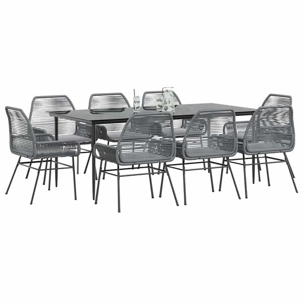 vidaXL 9 Piece Garden Dining Set with Cushions Grey Poly Rattan Glass