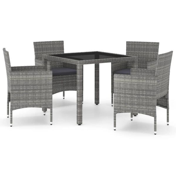 vidaXL 5 Piece Garden Dining Set Poly Rattan and Tempered Glass Grey
