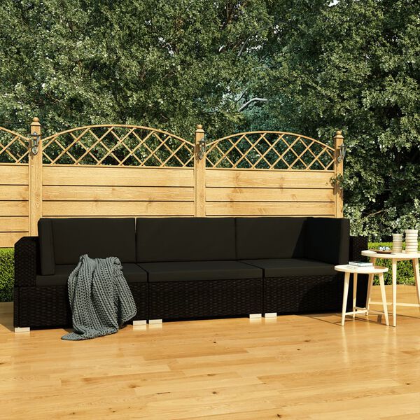 vidaXL 3 Piece Garden Sofa Set with Cushions Poly Rattan Black