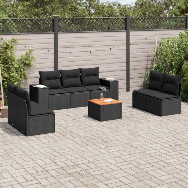 vidaXL 8 Piece Garden Sofa Set with Cushions Black Poly Rattan
