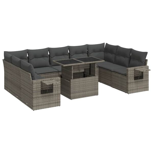 vidaXL 10 Piece Garden Sofa Set with Cushions Grey Poly Rattan