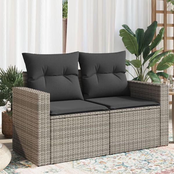 vidaXL Garden Sofa with Cushions 2-Seater Grey Poly Rattan