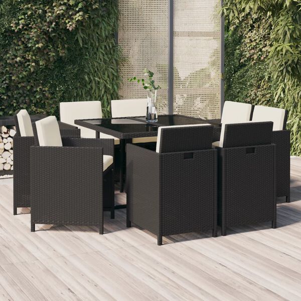 vidaXL 9 Piece Garden Dining Set with Cushions Poly Rattan Black