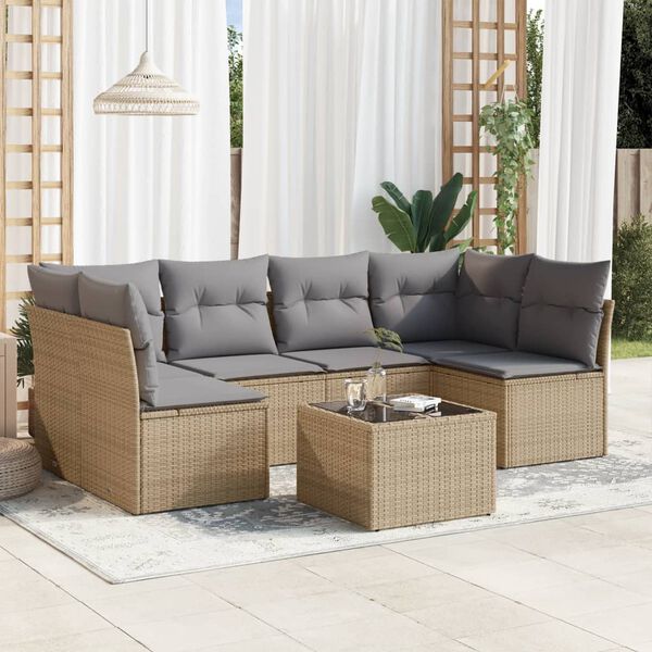 vidaXL 7 Piece Garden Sofa Set with Cushions Beige Poly Rattan