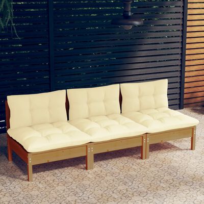 vidaXL 3-Seater Garden Sofa with Cream Cushions Solid Pinewood
