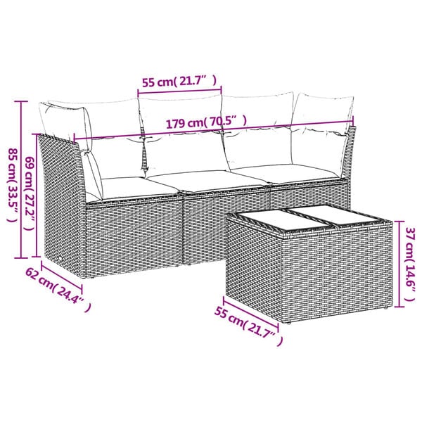 vidaXL 4 Piece Garden Sofa Set with Cushions Grey Poly Rattan