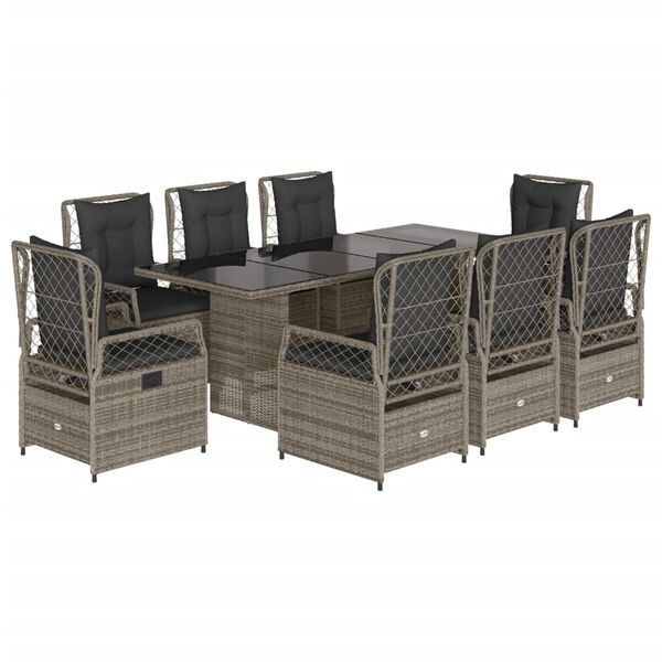 vidaXL 9 Piece Garden Dining Set with Cushions Grey Poly Rattan