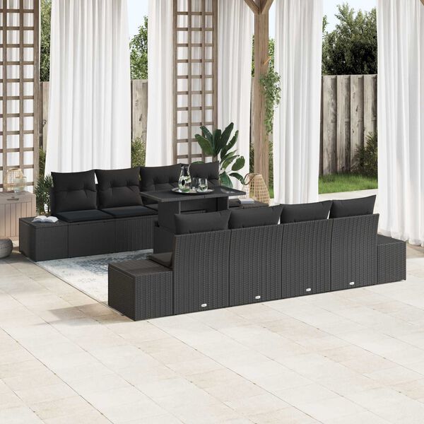 vidaXL Garden Sofa Set with Cushion 9 pcs Black Poly Rattan