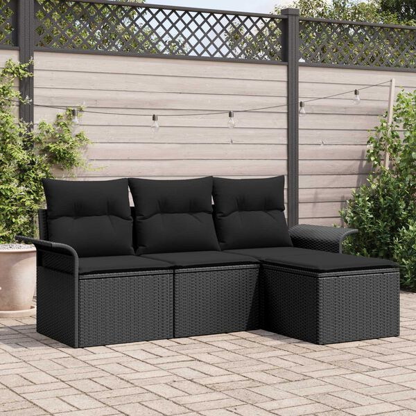vidaXL Garden Sofa Set with Cushion 4 pcs Black Poly rattan